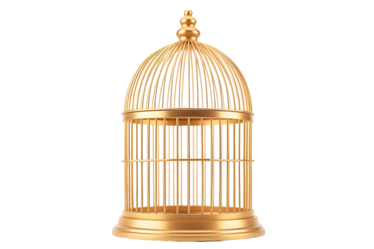 A Golden Cage Awaits Its Captive - An Empty Birdcage Gleams Under Studio Lights on a White or Clear Surface PNG Transparent Background.