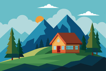 Colorful cartoon landscape design vector illustration, beautiful sky and clouds. House in the mountains with some green trees.