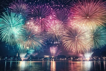 Fototapeta premium Vibrant Fireworks Display Over a City Skyline Reflecting in Calm Water