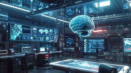 Futuristic laboratory with a holographic brain floating in the center of the room filled with high-tech equipment monitor and computers concept of advanced artificial intelligence research.