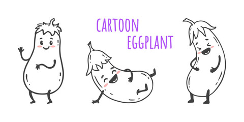 set of  Cartoon eggplant. Cute character vegetable isolated on white background. Doodle style. Food vector illustration