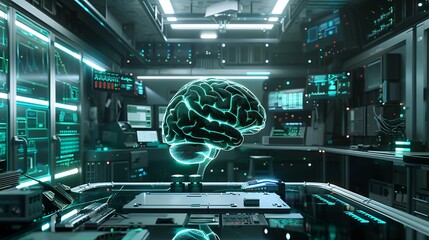 Holographic brain model inside a futuristic lab, showcasing the potential of artificial intelligence.