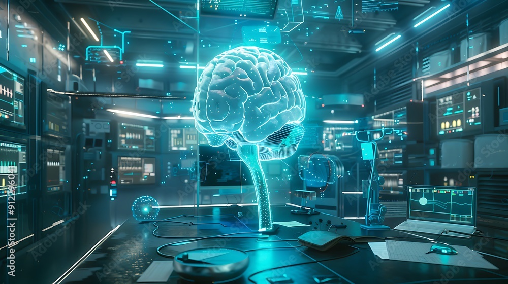 Poster futuristic laboratory with a holographic brain projection, surrounded by screens displaying data and