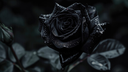 Close-Up of a Single Black Rose with Detailed Petal Texture and Rich Dark Hue