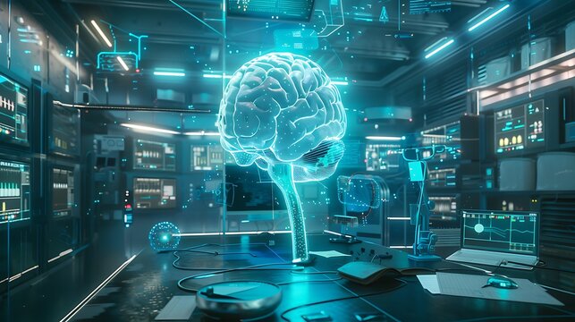 Futuristic laboratory with a holographic brain projection, surrounded by screens displaying data and advanced technology. This image evokes a sense of scientific advancement and the potential of AI.