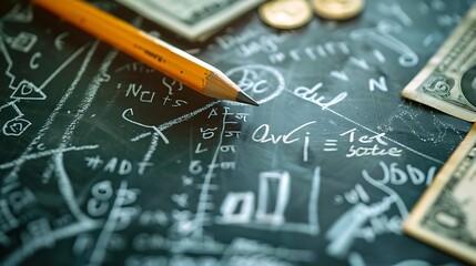 Chalkboard with Mathematical Equations and a Pencil