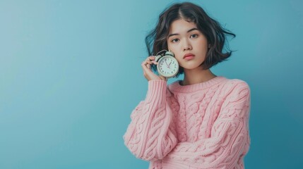 A person holds an alarm clock, possibly waking up or getting ready for the day