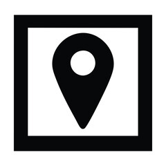 Black and white location pin icon in a square frame. Vector illustration