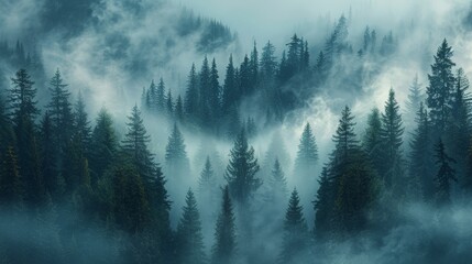 Dense fog rolling through a mysterious forest with silhouettes of tall trees 