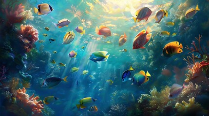 Fototapeta premium Vibrant underwater scene teeming with colorful fish swimming among vibrant coral reefs. Sunbeams illuminate the ocean, creating a breathtaking spectacle of life and beauty.