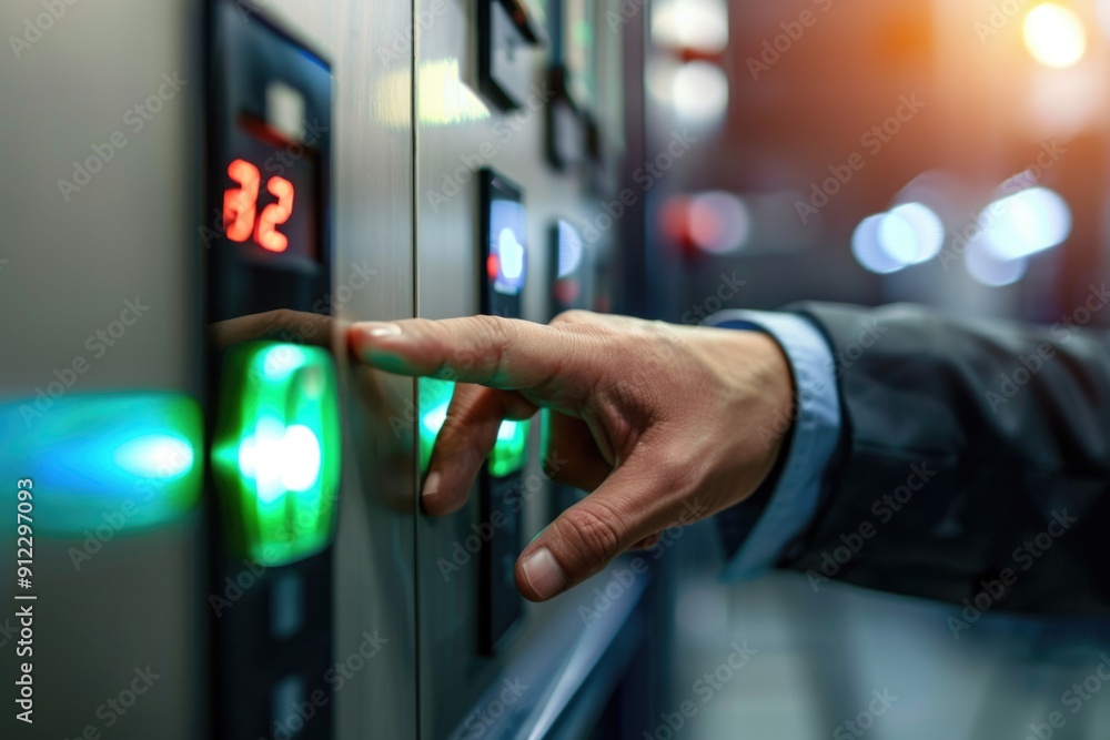 Poster a person presses the button on an elevator in a modern building