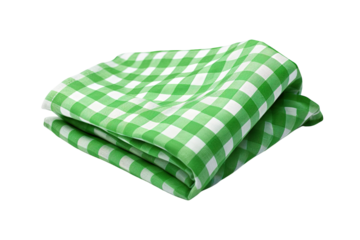 A Freshly Folded Green Gingham Tablecloth Ready For A Picnic on a White or Clear Surface PNG Transparent Background.