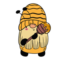 Gnome Bee Holding Honey Dipper, Vector Clipart.