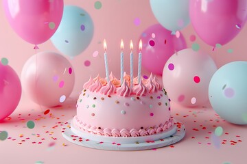 Birthday Celebration with Pink Cake and Balloons