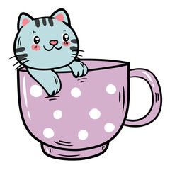Blue Striped Cat Sitting in Polka Dot Purple Coffee Cup, Vector Clipart.