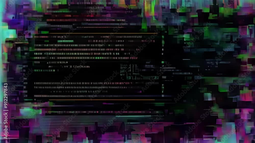 Poster a dynamic exploration of glitch art, showcasing vibrant colors and distorted text patterns created t