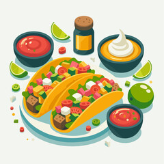 Mexican food set. Guacamole, chiltomate, quesadillas, chile ennogada, nachos, enmoladas, burritos, tamales, tacos, fajitas, etc. Vector illustration isolated on white background.
