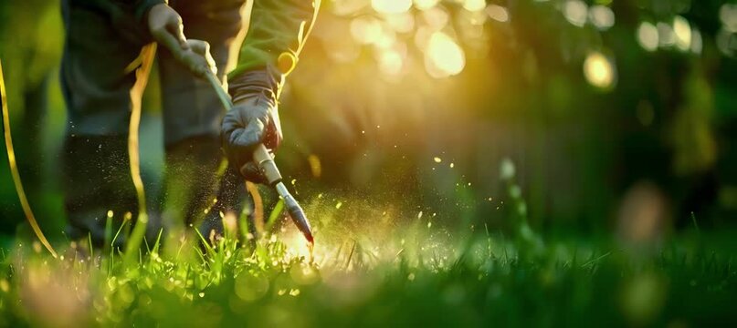 Worker spraying pesticide on green lawn for pest control, close-up.