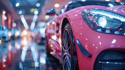 Close-up of a luxury pink car in car showroom