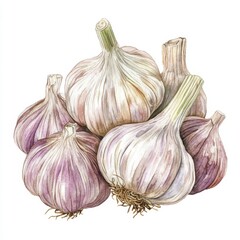 Rustic Watercolor Illustration of Garlic Bulbs - Ingredient Element Isolated on White Background