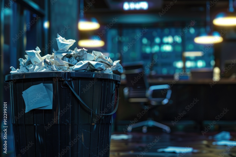 Poster a trash can overflowing with papers, suitable for office or work-related themes