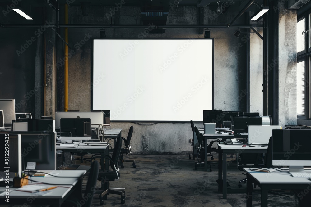 Poster modern empty office workspace with blank white wall and windows