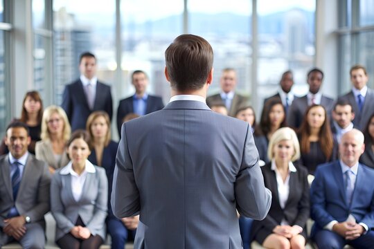 backview of a businessman talking infront of people group class