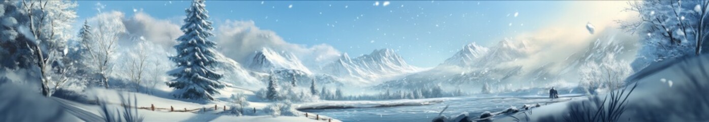 Obraz premium Glacial Vision: High-Detail Hand-Drawn Snow Scene Embracing the Tranquility of Nature with Clarity and Gentle Warmth to Welcome the Winter Charm in Anime Style