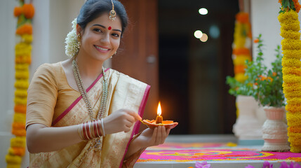 Happy Indian woman in a traditional saree, lighting a diya at the entrance of her home, decorated with rangoli and festive lights for Diwali