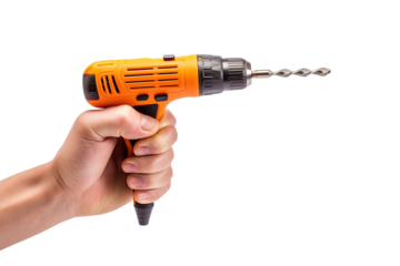 A Hand Holding a Bright Orange Cordless Drill With a Silver Drill Bit Ready to Start a Project on a White or Clear Surface PNG Transparent Background.