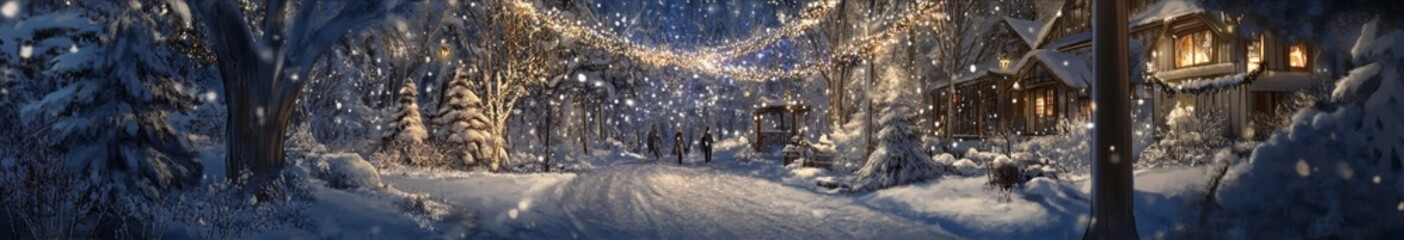 Fototapeta premium Winter's Gala: An Animated Snowy Soiree Illustrating the Enchantment of a Seasonal Celebration in a Snow-Covered Landscape.