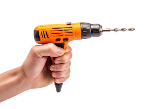A Hand Holding a Bright Orange Cordless Drill With a Silver Drill Bit Ready to Start a Project on a White or Clear Surface PNG Transparent Background.