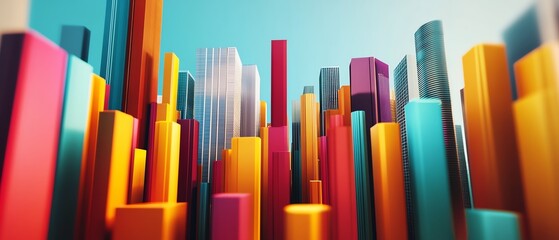 Obraz premium A vibrant city skyline filled with colorful geometric shapes, representing modern architecture and urban design.