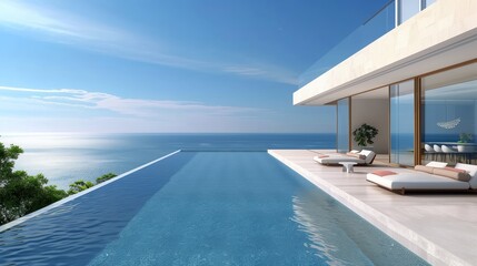 Obraz premium A stunning infinity pool with an ocean view, set against the backdrop of an expansive deck of a modern villa
