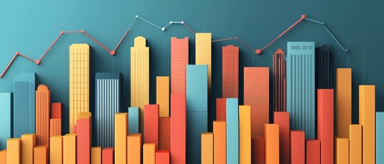 Obraz premium Colorful city skyline with rising graphs, symbolizing growth and business success in an abstract design.