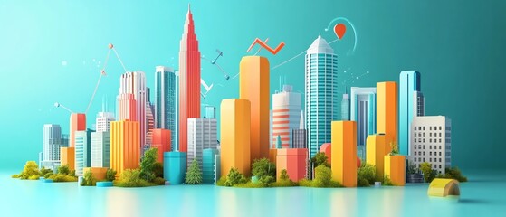Obraz premium A vibrant city skyline featuring colorful buildings and digital elements against a blue backdrop, symbolizing urban innovation.