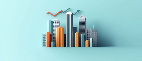 Obraz premium Modern city skyline with colorful skyscrapers and upward trending graphs, representing growth and success in business.