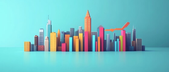 Obraz premium Vibrant cityscape made of colorful geometric shapes, with a light blue backdrop creating a modern, playful atmosphere.
