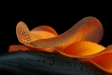 macro shot of ethereal flower petals with dewdrops in orange and black color on a dark background showcasing intricate textures
