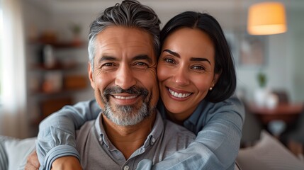 Fototapeta premium Casual portrait of a smiling man and woman sitting on a couch in a living room at home