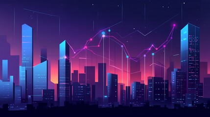Fototapeta premium A vibrant cityscape at dusk, blending modern architecture with colorful light patterns for a futuristic aesthetic.