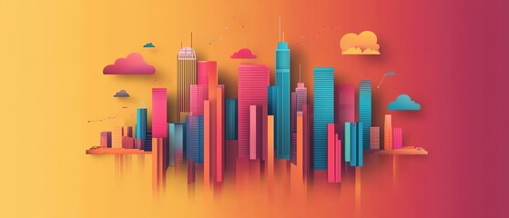Obraz premium Vibrant city skyline illustration with colorful buildings and abstract clouds against a warm gradient background.