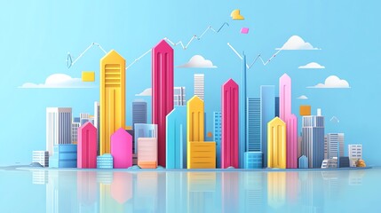 Obraz premium Vibrant 3D cityscape with colorful skyscrapers, modern architecture, and a blue sky, symbolizing urban development and innovation.