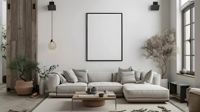 Living room wall poster mockup with modern interior design.