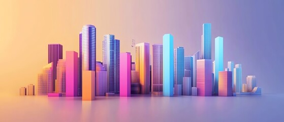 A vibrant city skyline featuring colorful skyscrapers against a gradient background, showcasing modern urban architecture.