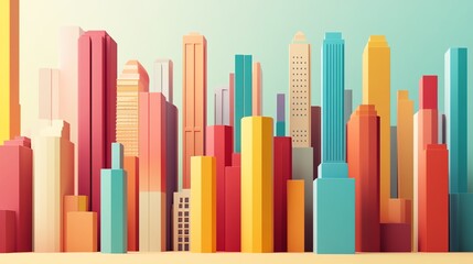 A vibrant city skyline featuring colorful geometric buildings against a bright sky, symbolizing modern urban life.