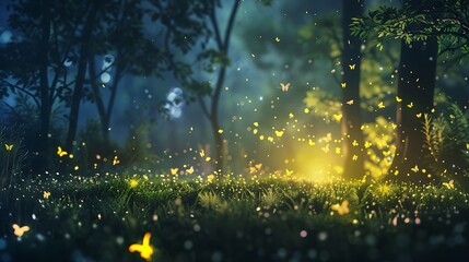 Magical scene of fireflies illuminating a dense forest at night, creating a breathtaking and enchanting atmosphere.
