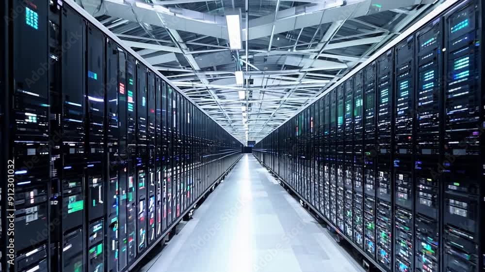 Poster rows of sleek servers and advanced networking equipment fill a high-tech data center, showcasing mod
