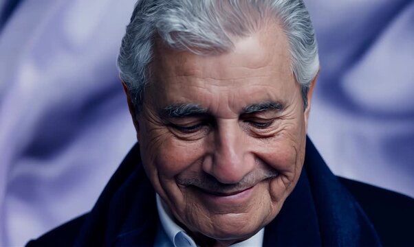 Medium shot portrait video of a French man in his 90s wearing a foulard against an abstract background