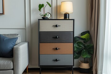 Fabric five-drawer storage cabinet in neutral colors with dark wood frame in large living room interior, featuring grey, black, blue, brown, cream, and beige tones.